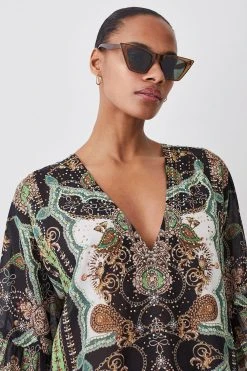 Karen Millen Placed Print Embellished Kimono Sleeve Beach Mini Dress 11 Karen Millen Placed Print Embellished Kimono Sleeve Beach Mini Dress -Karen Millen shop multi placed print embellished kimono sleeve beach mini dress 3