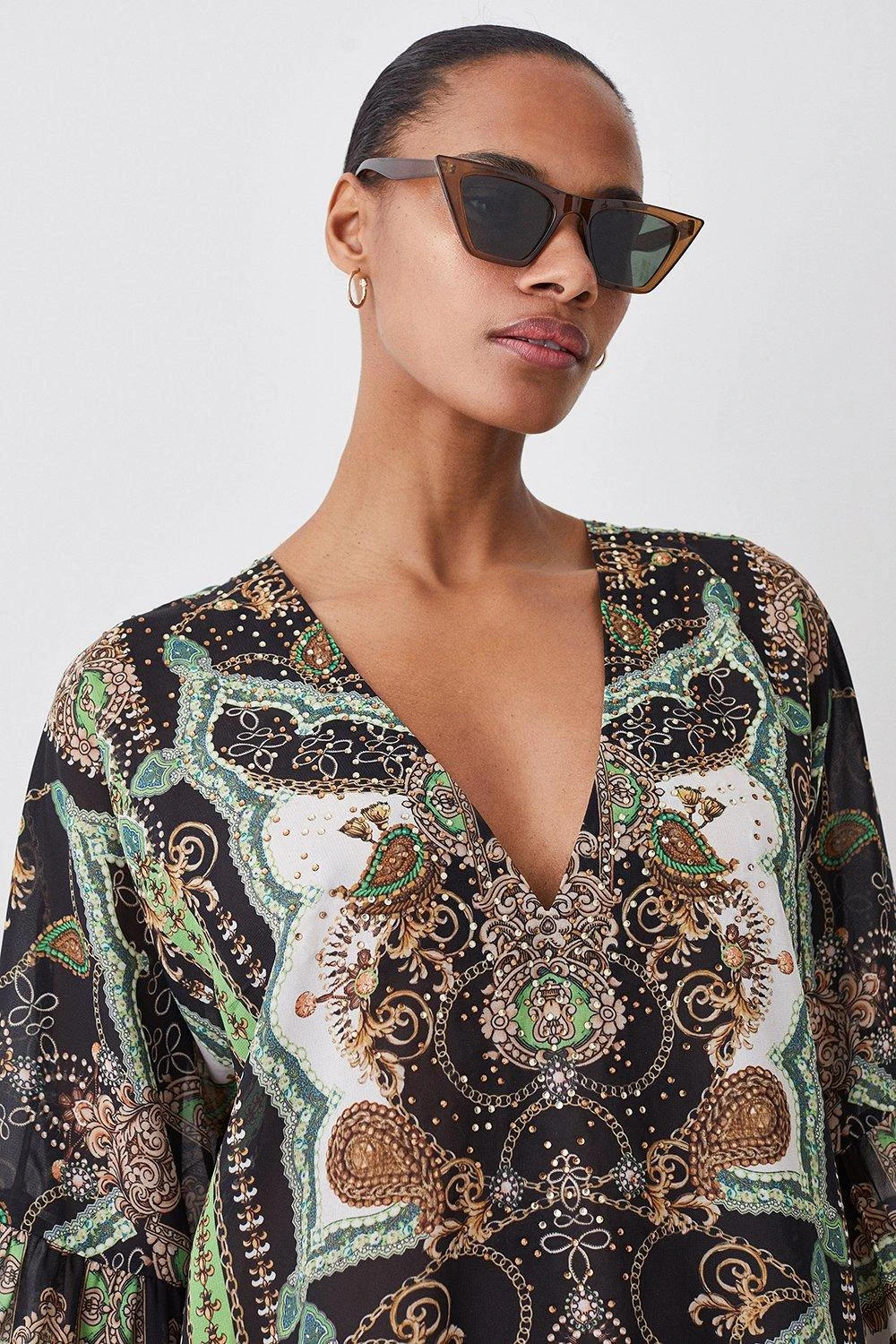 Karen Millen Placed Print Embellished Kimono Sleeve Beach Mini Dress 6 Karen Millen Placed Print Embellished Kimono Sleeve Beach Mini Dress - Image 4