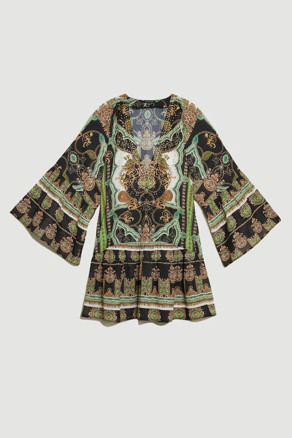 Karen Millen Placed Print Embellished Kimono Sleeve Beach Mini Dress 7 Karen Millen Placed Print Embellished Kimono Sleeve Beach Mini Dress - Image 5