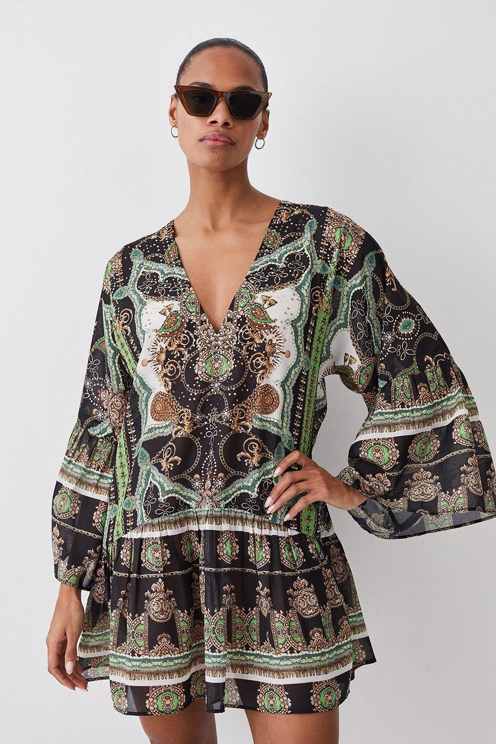 Karen Millen Placed Print Embellished Kimono Sleeve Beach Mini Dress 3 Karen Millen Placed Print Embellished Kimono Sleeve Beach Mini Dress