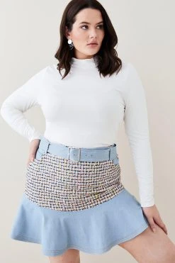 Karen Millen Plus Size Denim Tweed Mix Flippy Hem Skirt
