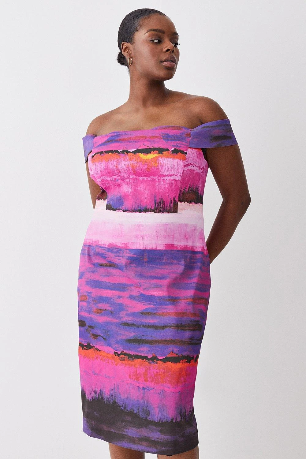 Karen Millen Plus Size Italian Signature Stretch Painternly Bardot Midi Dress 3 Karen Millen Plus Size Italian Signature Stretch Painternly Bardot Midi Dress