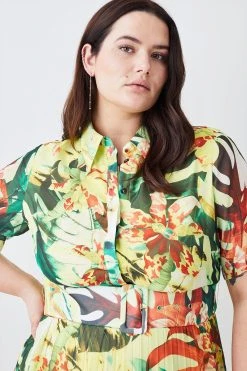 Karen Millen Plus Size Jungle Print Georgette Pleated Midi Shirt Dress -Karen Millen shop multi plus size jungle print georgette pleated midi shirt dress 2