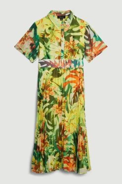 Karen Millen Plus Size Jungle Print Georgette Pleated Midi Shirt Dress -Karen Millen shop multi plus size jungle print georgette pleated midi shirt dress 3