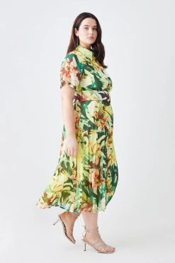 Karen Millen Plus Size Jungle Print Georgette Pleated Midi Shirt Dress -Karen Millen shop multi plus size jungle print georgette pleated midi shirt dress 4