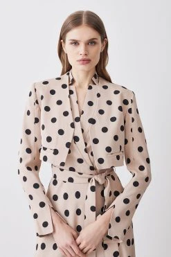 Karen Millen Polka Dot Linen Edge To Edge Cropped Jacket -Karen Millen shop multi polka dot linen edge to edge cropped jacket 3