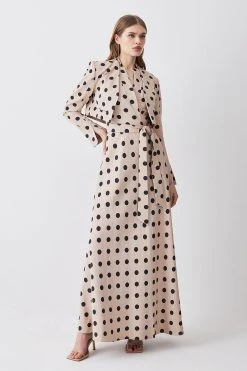 Karen Millen Polka Dot Linen Wrap Tie Waisted Midi Dress -Karen Millen shop multi polka dot linen wrap tie waisted midi dress 2
