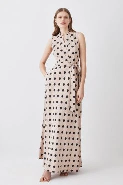 Karen Millen Polka Dot Linen Wrap Tie Waisted Midi Dress