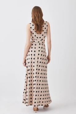 Karen Millen Polka Dot Linen Wrap Tie Waisted Midi Dress -Karen Millen shop multi polka dot linen wrap tie waisted midi dress 3