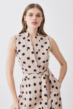Karen Millen Polka Dot Linen Wrap Tie Waisted Midi Dress -Karen Millen shop multi polka dot linen wrap tie waisted midi dress 4