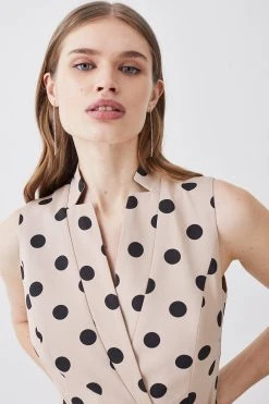 Karen Millen Polka Dot Linen Wrap Tie Waisted Midi Dress -Karen Millen shop multi polka dot linen wrap tie waisted midi dress 5