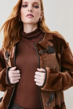 Karen Millen Shearling And Leather Houndstooth Trim Detail Coat