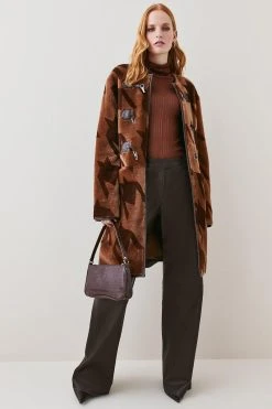 Karen Millen Shearling And Leather Houndstooth Trim Detail Coat -Karen Millen shop multi shearling and leather houndstooth trim detail coat 1 2