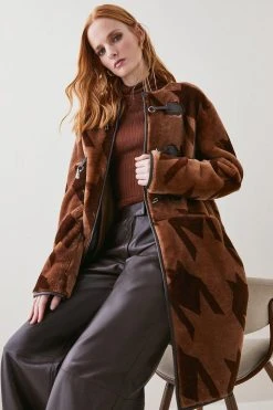 Karen Millen Shearling And Leather Houndstooth Trim Detail Coat -Karen Millen shop multi shearling and leather houndstooth trim detail coat 1 4