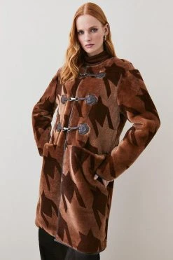 Karen Millen Shearling And Leather Houndstooth Trim Detail Coat -Karen Millen shop multi shearling and leather houndstooth trim detail coat 1 5