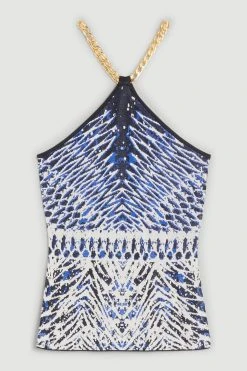 Karen Millen Slinky Knit Mirrored Jacquard Geo Chain Halter Neck Top -Karen Millen shop multi slinky knit mirrored jacquard geo chain halter neck top 1 3
