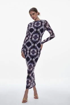 Karen Millen Tall Abstract Print Mesh Midaxi Jersey Dress