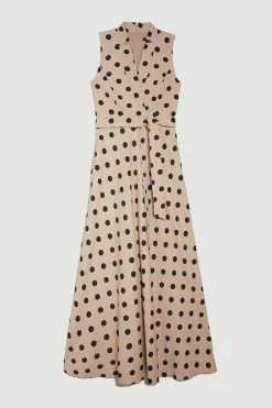 Karen Millen Tall Polka Dot Linen Wrap Tie Waisted Midi Dress -Karen Millen shop multi tall polka dot linen wrap tie waisted midi dress 5