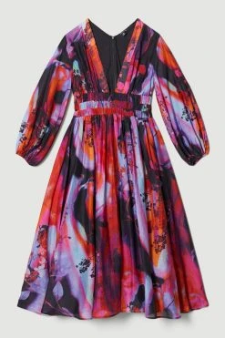 Karen Millen Tall Silk Cotton Marble Ruched Woven Maxi Dress -Karen Millen shop multi tall silk cotton marble ruched woven maxi dress 3