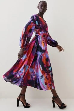 Karen Millen Tall Silk Cotton Marble Ruched Woven Maxi Dress -Karen Millen shop multi tall silk cotton marble ruched woven maxi dress 5