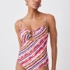 Karen Millen Tie Dye Trimmed Swimsuit With Removable Straps -Karen Millen shop multi tie dye trimmed swimsuit with removable straps