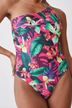 Karen Millen Tropical Print One Shoulder Chain Strap Cut Out Swimsuit