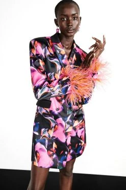 Karen Millen Weston Marble Feather Cuff Blazer Mini Dress -Karen Millen shop multi weston marble feather cuff blazer mini dress 2