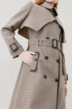 Karen Millen Wool Check Tailored Trench Coat -Karen Millen shop multi wool check tailored trench coat 1 2