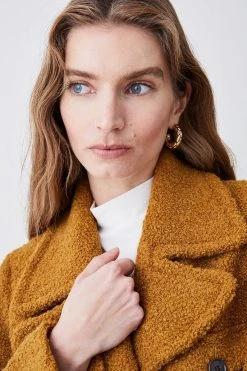 Karen Millen Boucle Pocket Detail Collared Coat -Karen Millen shop mustard boucle pocket detail collared coat 1 2