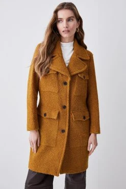 Karen Millen Boucle Pocket Detail Collared Coat -Karen Millen shop mustard boucle pocket detail collared coat 1 3