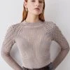 Karen Millen Mesh Knit High Neck Studded Jumper -Karen Millen shop natural mesh knit high neck studded jumper