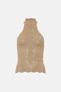 Karen Millen Open Stitch Luxe Yarn Knit Halter Top -Karen Millen shop natural open stitch luxe yarn knit halter top 1