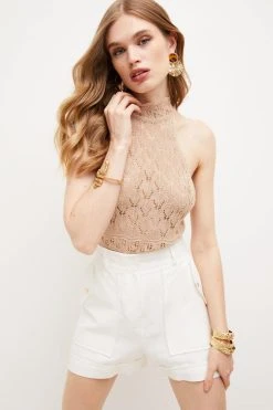 Karen Millen Open Stitch Luxe Yarn Knit Halter Top -Karen Millen shop natural open stitch luxe yarn knit halter top 3