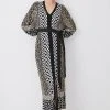 Karen Millen Petite Slinky Jacquard Blouson Sleeve Knitted Maxi Dress -Karen Millen shop natural petite slinky jacquard blouson sleeve knitted maxi dress