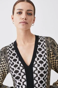 Karen Millen Petite Slinky Jacquard Blouson Sleeve Knitted Maxi Dress -Karen Millen shop natural petite slinky jacquard blouson sleeve knitted maxi dress 3