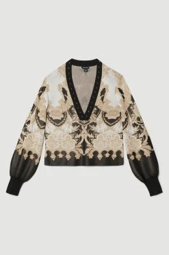 Karen Millen Plus Size Sparkle Knit Jacquard Studded Top -Karen Millen shop natural plus size sparkle knit jacquard studded top 1