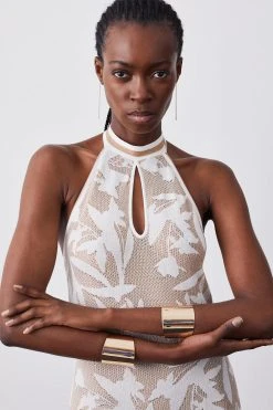 Karen Millen Pointelle Jacquard Knitted Maxi Dress -Karen Millen shop natural pointelle jacquard knitted maxi dress 1