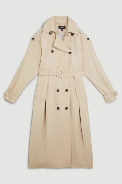 Karen Millen Premium Linen Rounded Sleeve Trench Coat -Karen Millen shop natural premium linen rounded sleeve trench coat 3