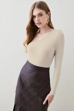 Karen Millen Premium Wool Blend One Shoulder Jersey Bodysuit -Karen Millen shop natural premium wool blend one shoulder jersey bodysuit 2