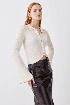 Karen Millen Slinky Rib Tipped Collar Cardigan -Karen Millen shop natural slinky rib tipped collar cardigan 1