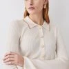 Karen Millen Slinky Rib Tipped Collar Cardigan -Karen Millen shop natural slinky rib tipped collar cardigan