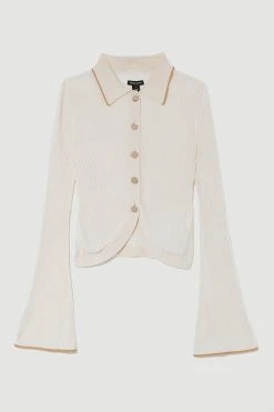 Karen Millen Slinky Rib Tipped Collar Cardigan -Karen Millen shop natural slinky rib tipped collar cardigan 2
