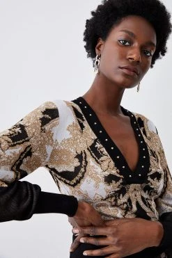 Karen Millen Slinky Sparkle Knit Jacquard Studded Top 9 Karen Millen Slinky Sparkle Knit Jacquard Studded Top -Karen Millen shop natural slinky sparkle knit jacquard studded top 2