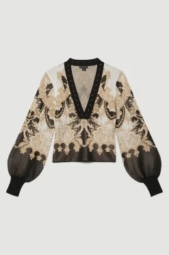 Karen Millen Slinky Sparkle Knit Jacquard Studded Top 11 Karen Millen Slinky Sparkle Knit Jacquard Studded Top -Karen Millen shop natural slinky sparkle knit jacquard studded top 4