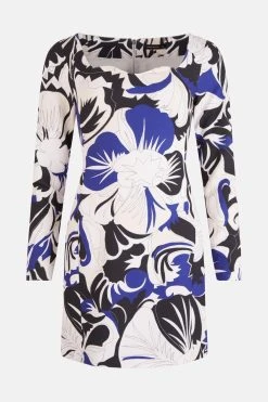Karen Millen Abstract Floral Printed Long Sleeve Mini Dress -Karen Millen shop navy abstract floral printed long sleeve mini dress 2