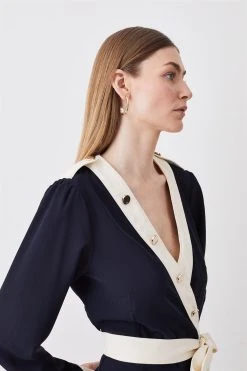 Karen Millen Button Detail Twill Mini Wrap Dress -Karen Millen shop navy button detail twill mini wrap dress 2