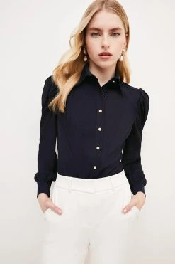 Karen Millen Button Through Georgette Sleeved Jersey Blouse