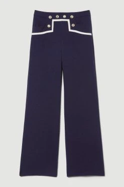 Karen Millen Compact Stretch Nautical Button Front Wide Leg Trouser -Karen Millen shop navy compact stretch nautical button front wide leg trouser 1