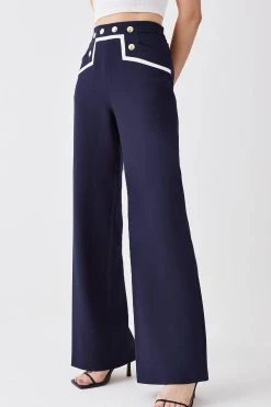 Karen Millen Compact Stretch Nautical Button Front Wide Leg Trouser -Karen Millen shop navy compact stretch nautical button front wide leg trouser 4