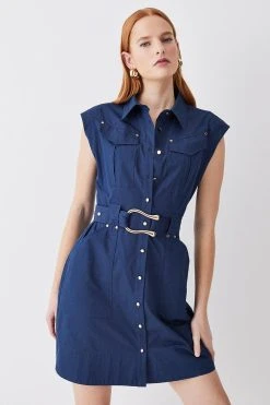 Karen Millen Cotton Sateen Mini Shirt Dress -Karen Millen shop navy cotton sateen mini shirt dress 3